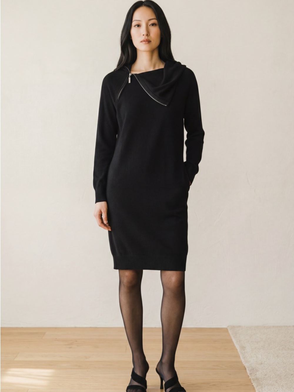 bebe Black Long Sleeve Dress with Zipper Detail